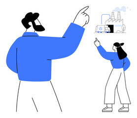 Two individuals pointing at a factory emitting smoke, emphasizing industrial sustainability. Ideal for innovation, eco-friendliness, teamwork, strategy, growth, leadership environment. Flat simple