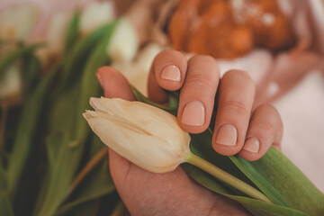 Female hand with nude manicure touches white tulips lying on a soft pink fabric. A croissant in...