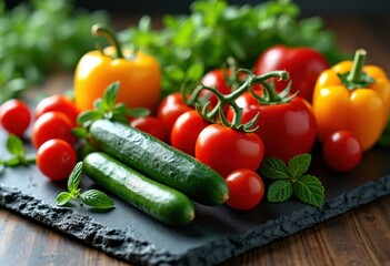 vibrant colorful vegetable arrangement slate serving board fresh produce culinary art, food, herbs, peppers, tomatoes, cucumbers, onions, carrots, broccoli
