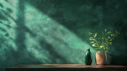 A vacant table is set before a dark green textured wall, softened by botanical shadows--suitable for product, beauty, or jewelry presentations