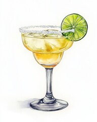 Vibrant watercolor painting of a margarita in a glass with a salted rim and lime slice on a white background