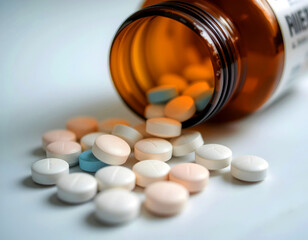 Tablets spilling from a bottle, with selective focus, representing health, medicine, and treatment.