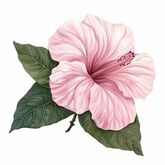 Pastel pink hibiscus with lush green leaves elegant botanical illustration serene floral art theme