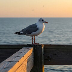 Seagull perched on a wooden fence at sunset