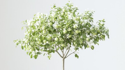 Obraz premium Blooming apple tree, green apples, white background, studio shot, spring