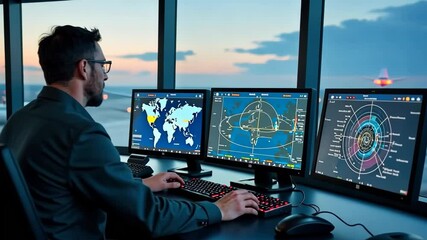 Air traffic controllers in the flight control center. Air traffic control workplace. Professional air traffic control.
