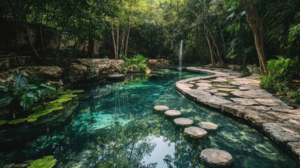 Naklejka premium Tranquil Tropical Garden Oasis with Stone Path and Clear Water Pool Surrounded by Lush Greenery and Natural Light