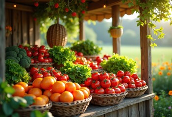 rustic market stall vibrant organic produce fresh fruits vegetables nature colorful display farming bounty, harvest, selection, agriculture, shopping