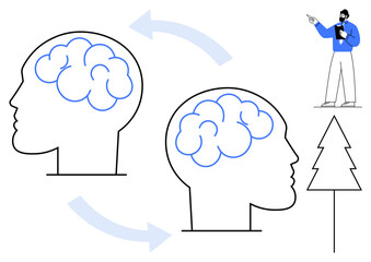 Human brain outlines with transfer arrows, pointing speaker, and tree symbolizing growth or learning. Ideal for education, communication, mentorship, innovation, creativity, leadership teamwork