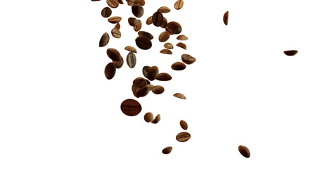 Falling coffee beans isolated on white background. Numerous brown coffee beans captured mid-air, showcasing their texture and details. High-resolution image suitable for food and beverage themes.