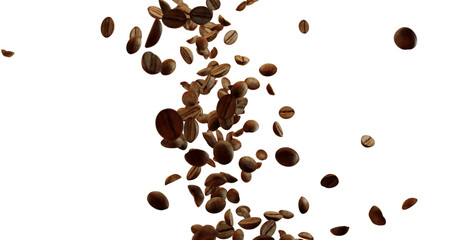 Falling coffee beans on white background. Roasted brown coffee beans captured in mid-air, emphasizing texture and rich tones. Close-up shot with bright, even lighting highlighting surface details.