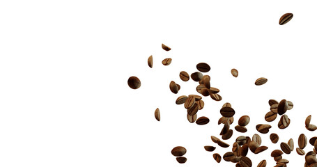 Several of brown roasted coffee beans appears to be falling or floating in the lower right corner...