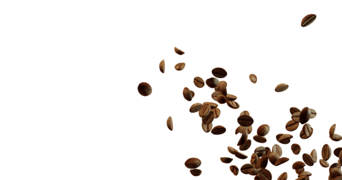 Several of brown roasted coffee beans appears to be falling or floating in the lower right corner against a stark white background.