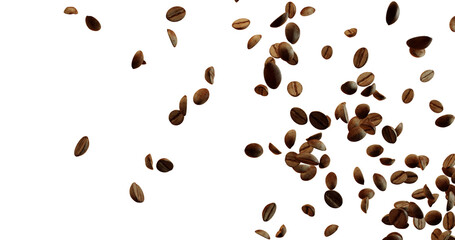 Many brown coffee beans are falling or floating against a bright white background, concentrated on the right side and becoming more sparse towards the upper left.