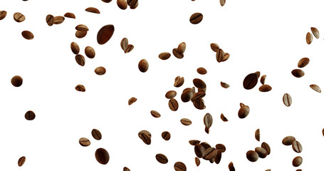 Many brown coffee beans are falling or floating against a bright white background, with a higher concentration in the lower right and scattering upwards and to the left.