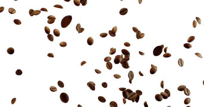 Many brown coffee beans are falling or floating against a bright white background, with a higher concentration in the lower right and scattering upwards and to the left.