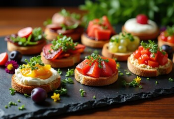 colorful gourmet appetizer spread slate board vibrant food platter artisan dishes culinary delight snack presentation, cheese, olives, grapes, vegetable