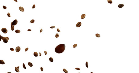 Several brown coffee beans are falling or floating against a bright white background, concentrated on the left side and becoming more sparse towards the right.
