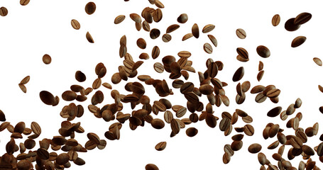 A large number of brown roasted coffee beans are falling or floating against a bright white background, concentrated in the center and spreading outwards.