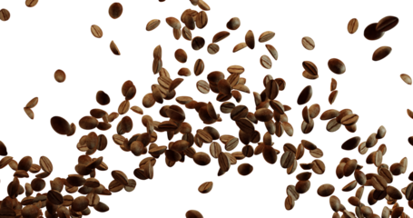 A large number of brown roasted coffee beans are falling or floating against a bright white background, concentrated in the center and spreading outwards.