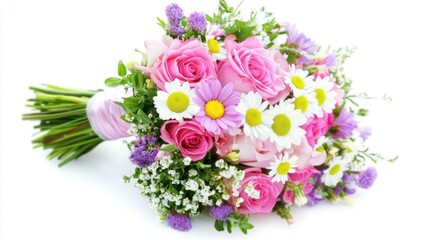 Romantic bouquet with vivid pink roses, daisy flowers, and purple blossoms, wrapped in green foliage, perfect for weddings