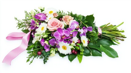 Vibrant floral mix featuring pink, white, and violet blooms with green leaves, isolated and professionally styled