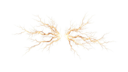 Obraz premium Stylized lightning bolts mirror each other, radiating electric energy with golden hues against a stark black backdrop, striking and dramatic.