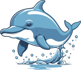 A black and white vector illustration of a playful dolphin