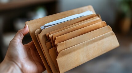 Close up of a hand holding a manila file folder filled with office documents for organization with a neutral backdrop to highlight the paper