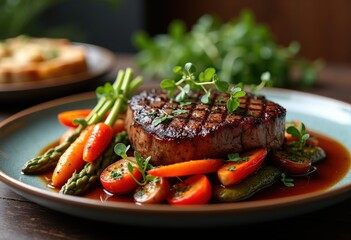 sizzling steak plated vibrant vegetables colorful gourmet meal culinary art presentation, dish, food, appetizer, maincourse, texture, ingredients, herbs
