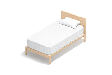 Blank wooden single bed with white bedding mockup, side view