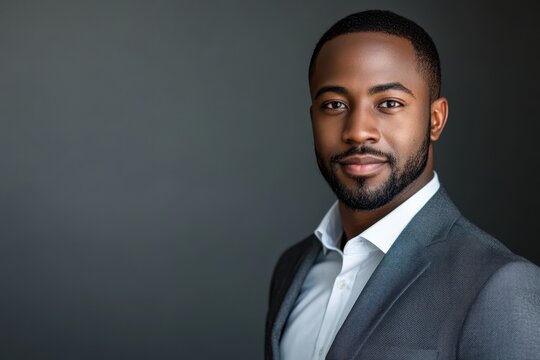 Confident businessman in a gray suit posing for a professional headshot on dark background for corporate and personal branding