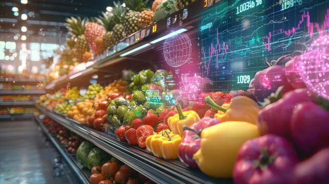 Supermarket aisle with produce and digital price tags displaying real-time financial data, prices fluctuate, sunlight streams thro - Powered by Adobe