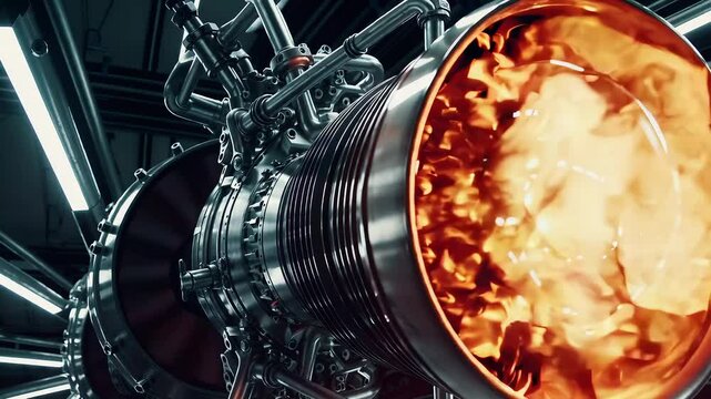 Close-up exploration of a jet engine in a cutting-edge aerospace facility showcasing intricate engineering details
