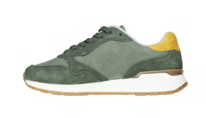 Green suede sneaker with yellow heel accent and white sole on transparent background
