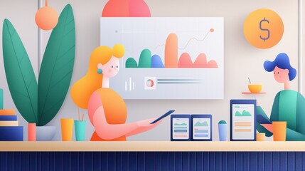 Modern Cafe Scene with Dynamic Pricing Display, Digital Menus, and Animated Character Interaction in a Business-Focused Environment