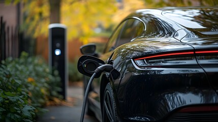 Black electric car charging at a charging station outdoors with autumn foliage.