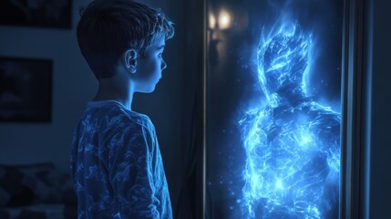 Boy in pyjamas sees a mythic knight with blue aura in mirror. Fantasy, heroic reflection scene.