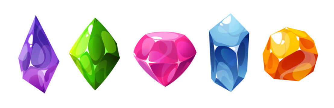Crystals of different colors vector set. Gemstones, gem jewels and diamonds game asset