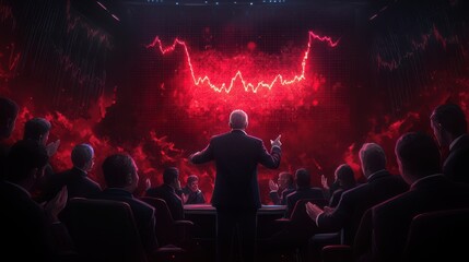 CEO Addresses Boardroom with Dramatic Stock Market Plunge Display, Executives Applauding, Illustrative Style