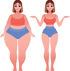 Beautiful young woman before and after weight loss vector cartoon illustration