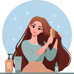 Minimalistic flat vector illustration of young woman combing her beautiful long hair