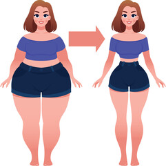Before and after weight loss young woman on a white background cartoon vector illustration