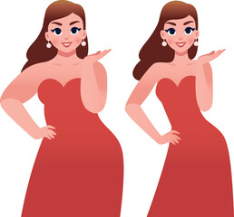 Beautiful woman in dress before and after weight loss. Cartoon vector illustration in flat style