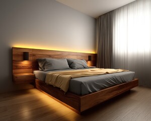 A peaceful bedroom with a deep oak wood bed frame, soft yellow ambient lighting, and light gray walls