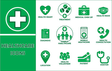 Healthcare icon set. Containing treatment, prevention, medical, health, diagnosis, report, illness, injury and more. Solid vector icons collection. 