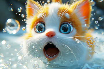 Dynamic caricature of a ginger kitten with startled eyes in soapy foam and flying soap bubbles