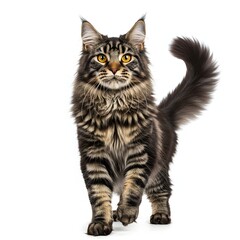 Naklejka premium A mischievous Maine Coon cat with long, flowing fur, standing confidently with one paw lifted as if mid-step.