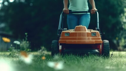 Fototapeta premium Gardener mowing lawn with orange lawnmower in summer