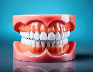 Obraz premium Realistic denture model displaying perfect teeth alignment against blue background
